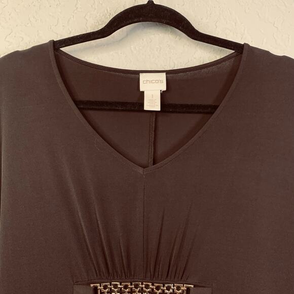 CHICO'S Kaftan Medium Chocolate Brown Gold Embellished Waist‎ Resort Maxi Swim - Picture 4 of 12